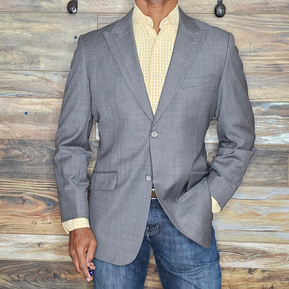 Custom Astor & Black Wool Peak Lapel Working Cuffs Dual Vent Blazer Jacket 40R